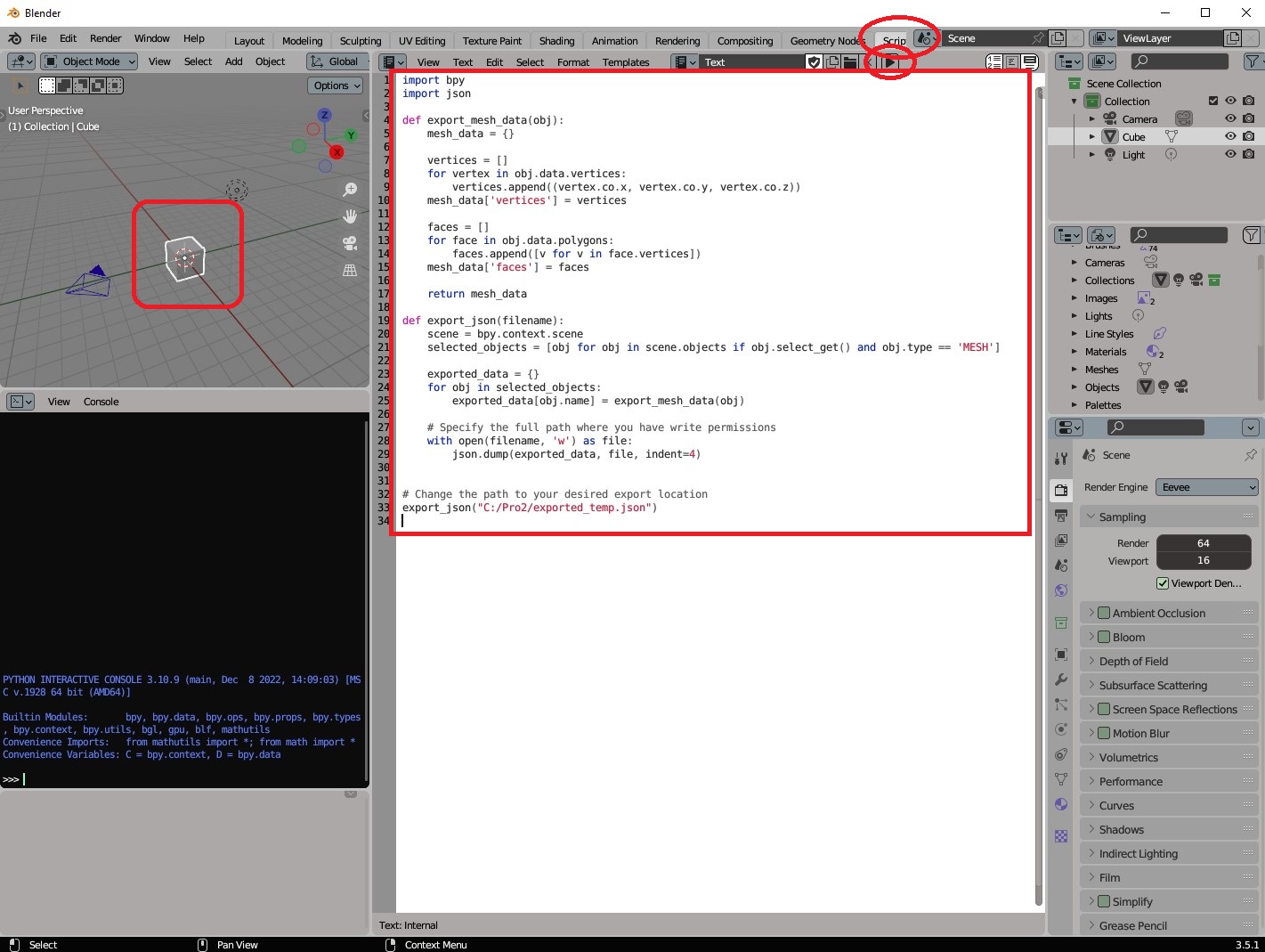 Full window screenshot showing Blender, script, cube model. Red circles show the cube mesh (selected), scripting tab, script an...