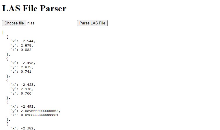 LiDAR parser output - for the listing shown below. Reads in a test file and dumps the coordinates to the output window.