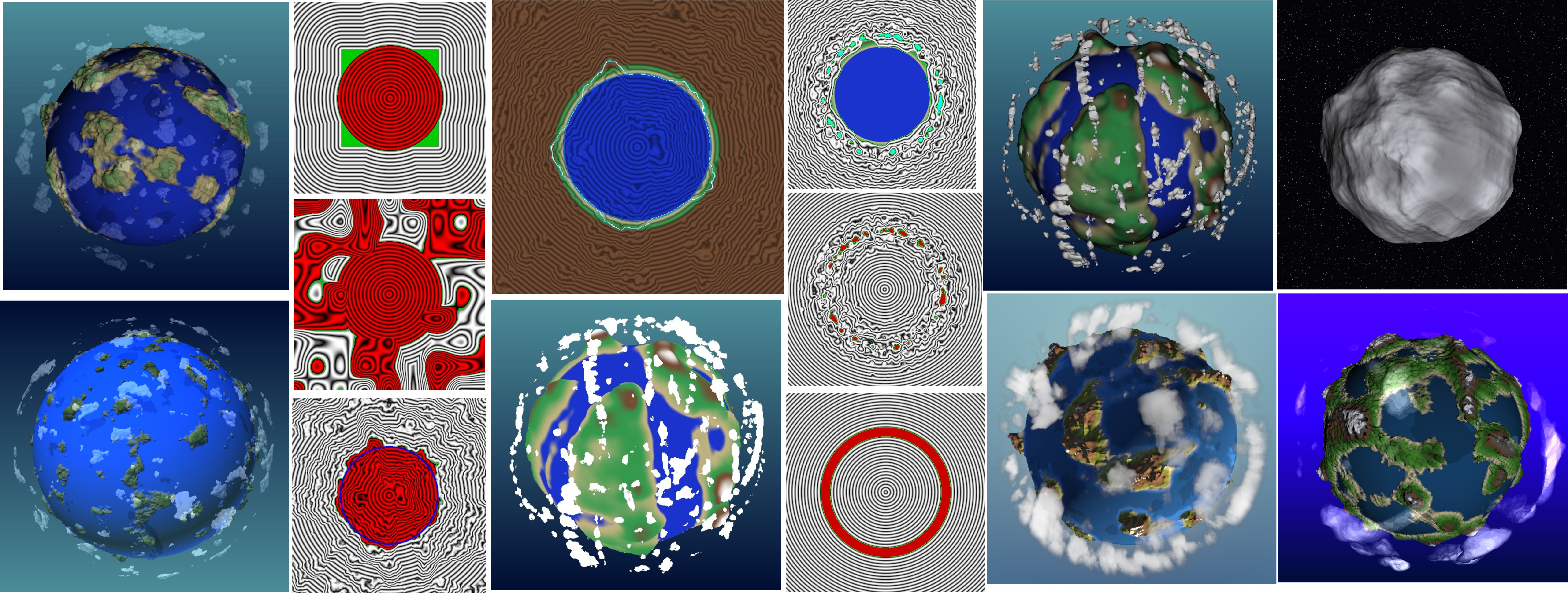 Generating fun little planets using noise functions, signed distance functions, ray-tracing, ray-marching and some creative fun. 
