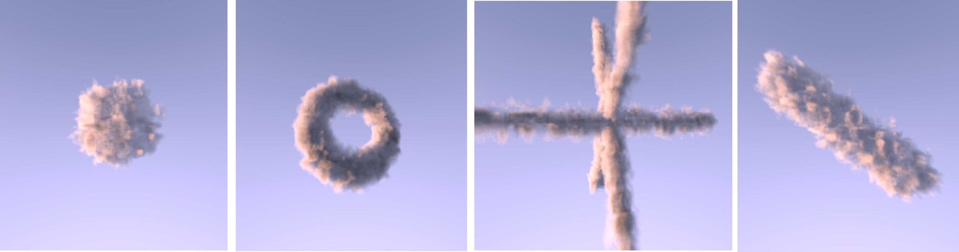 Cloud morphing to different shapes in real-time. Starts off as a sphere, then morphs into a torus (donut), cross and a capsule. 