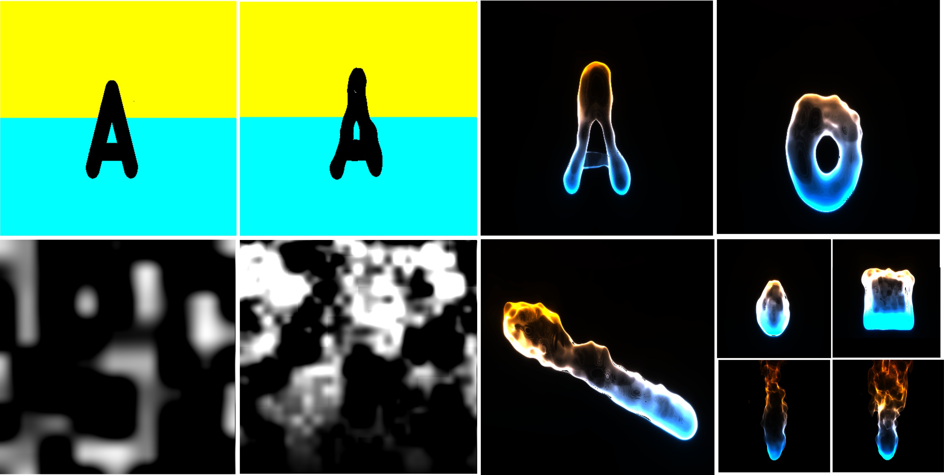 Figures illustrating the key concepts of the algorithm, shapes (like 3d letters), smooth noise, fractal noise, two primary colo...