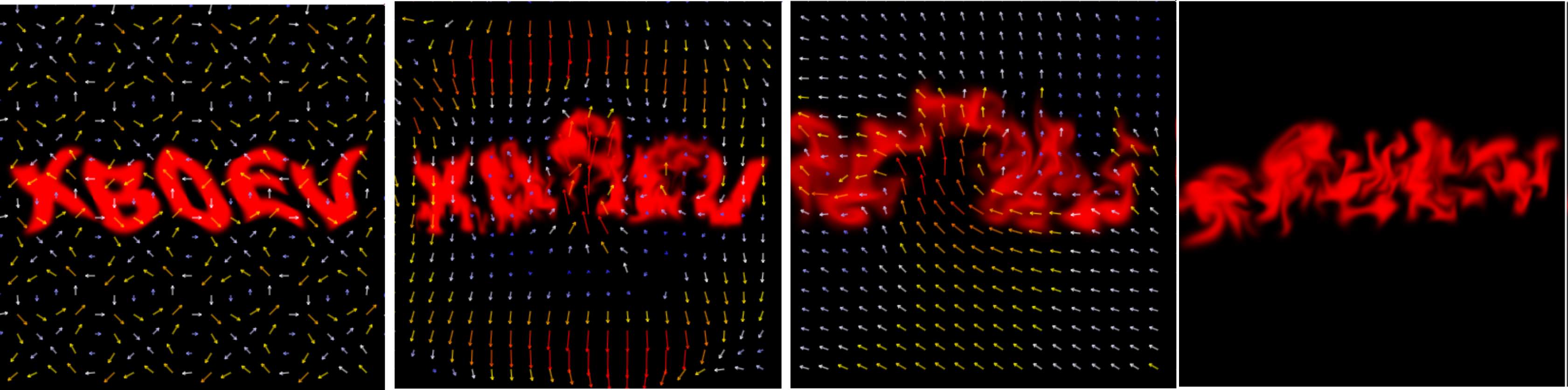 Fluid simulation output - see the die/color mixing - in addition to showing the velocity field.