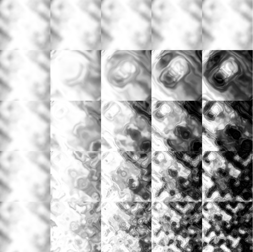 Comparison of varying the warpIntensity and warpScale values from 0 to 2.0 in a 5x5 grid (top left is 0,0) and the bottom right...