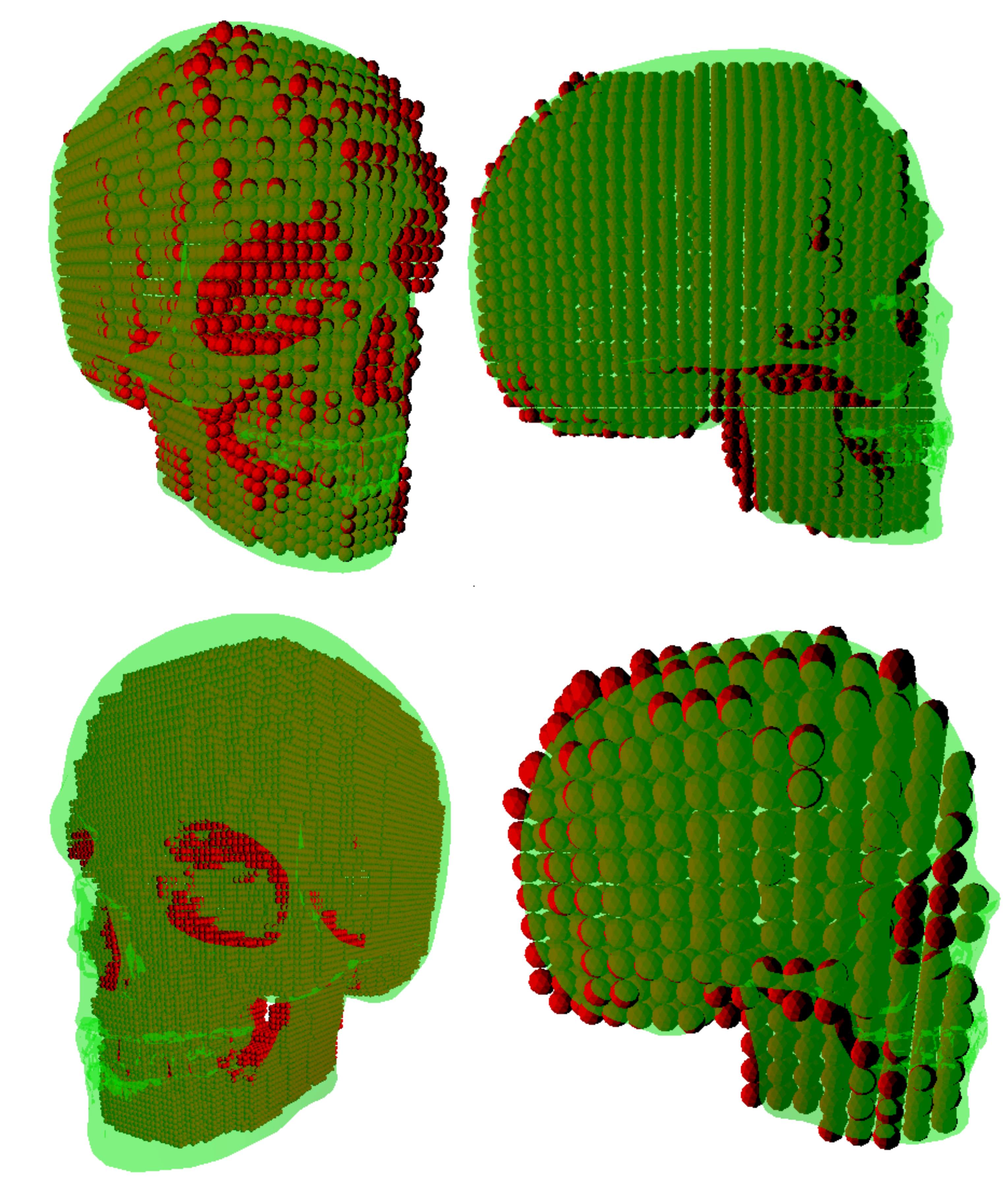 Skull mesh with various grid resolutions (16, 32, 64).